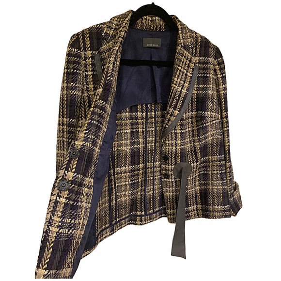 Anne Belin Blazer Vintage retro plaid tweed & leather blazer Bow Tie Size 12 - Picture 8 of 8